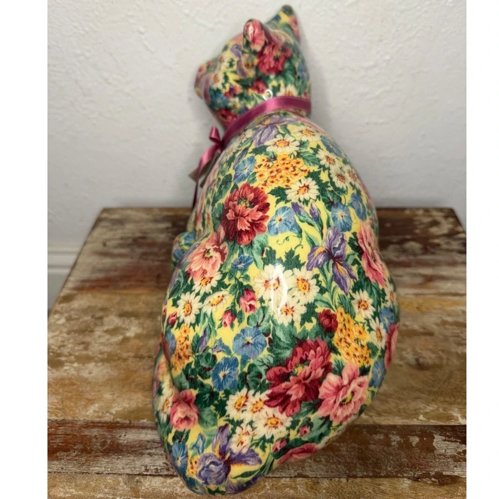 Vintage 80s 90s Joan Baker Designs Porcelain Cat Figurine Floral Patchwork NEW